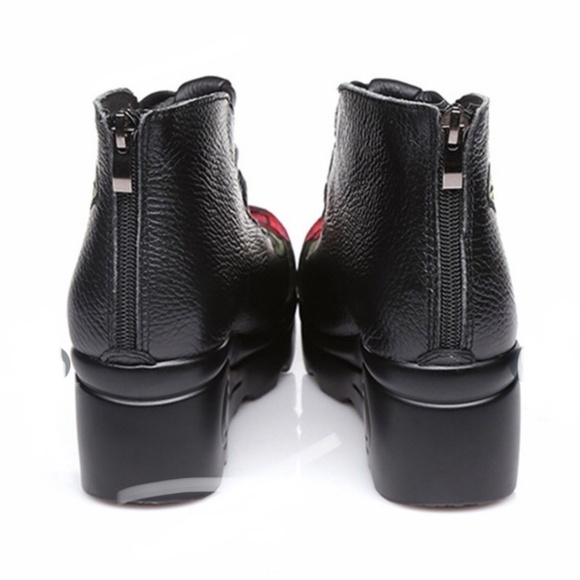 Faux Leather Booties With Red Floral Embroidery - Picture 2 of 2